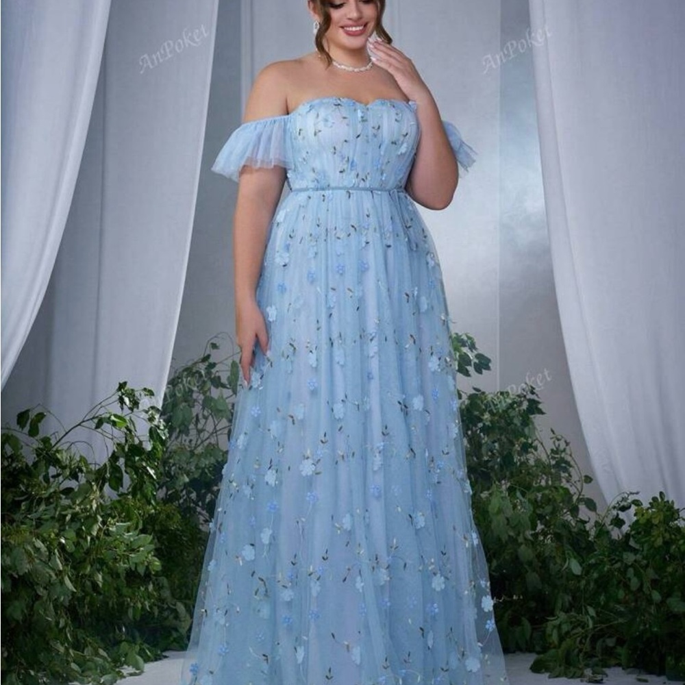 SHEIN Blue Off-Shoulder Flutter Sleeve Maxi Gown 16